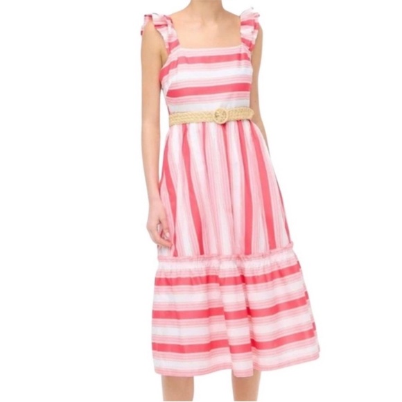 J. Crew Pink Striped Square Neck Ruffle Midi Sundress 6 Pockets - Picture 1 of 9